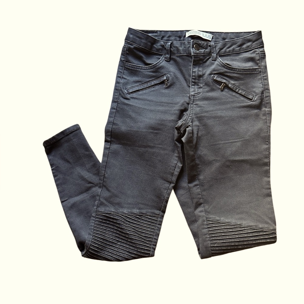 Zara black Gray Moto Style Denim Skinny Jeans Ribbed Knees 4